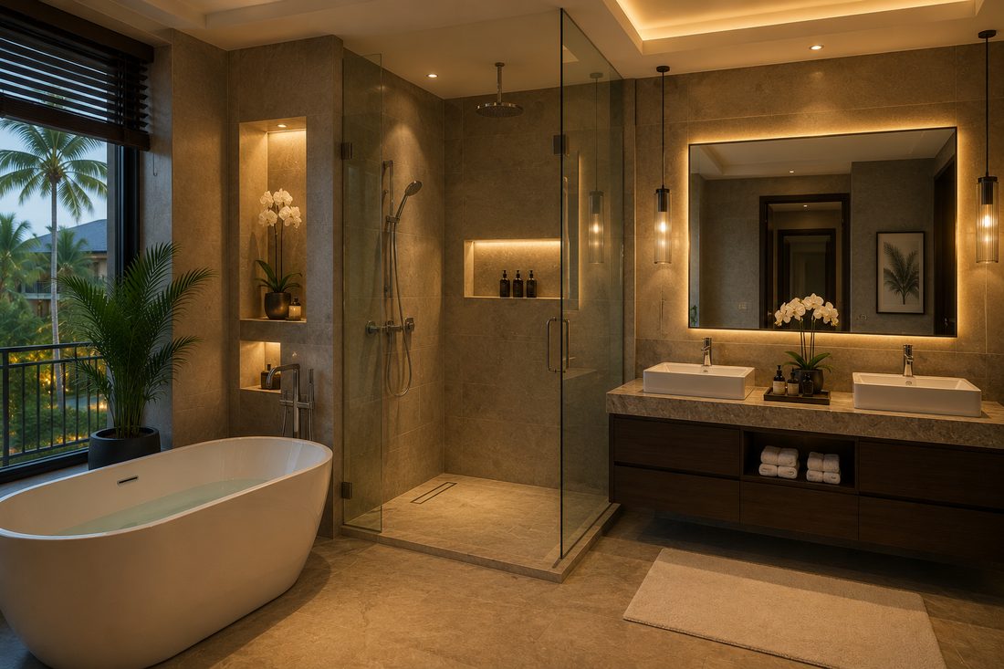 Badkamer met bad en inloopdouche